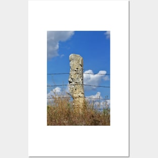 Stonepost fence with grass and blue sky in Kansas. Posters and Art